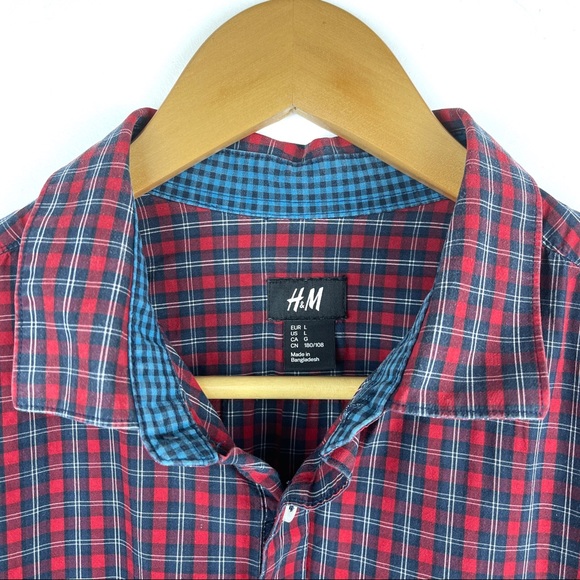 H&M Mens Red Checkered Button Up Shirt Size L - Picture 9 of 13